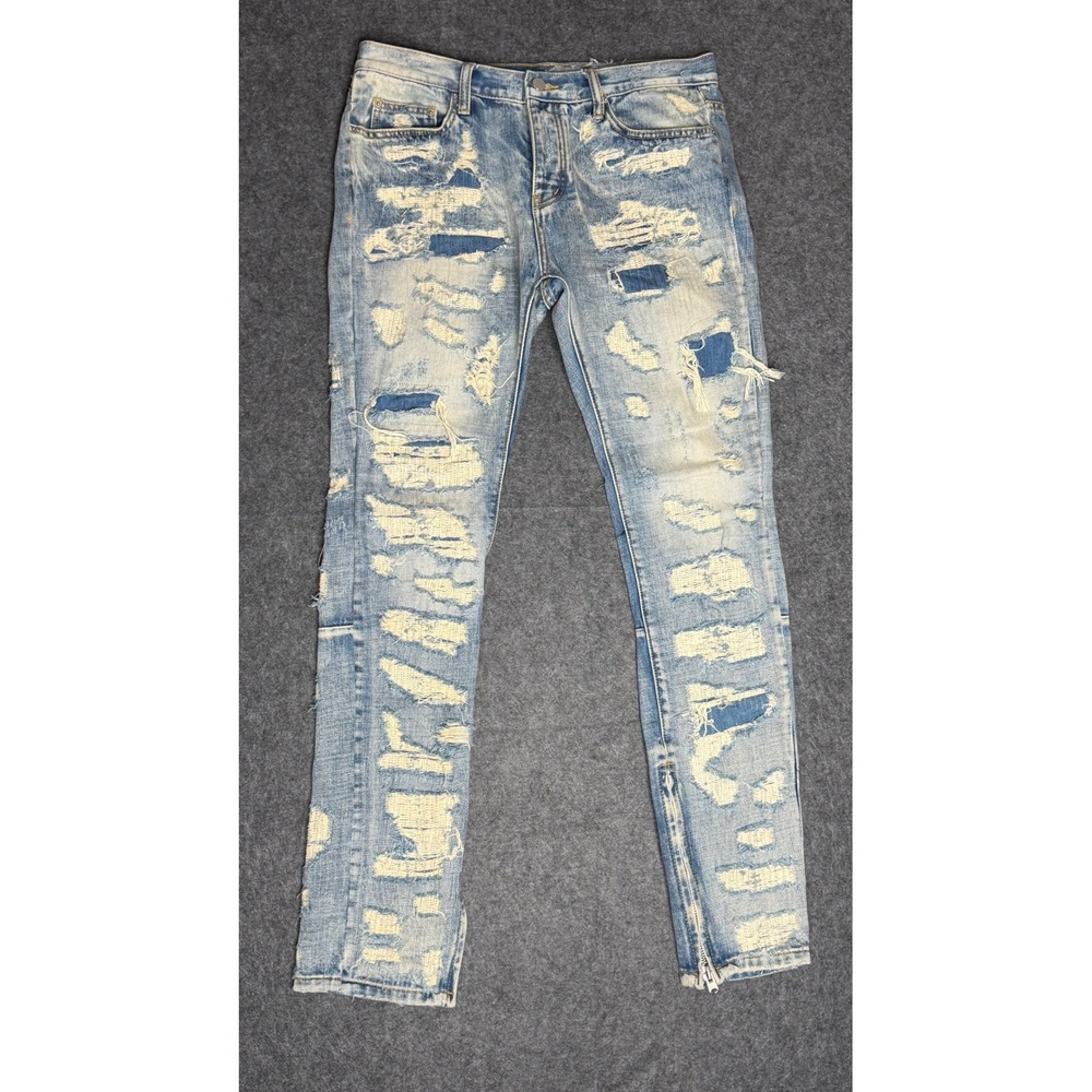 mnml M1 Denim Light Wash Distressed Repaired Slim Fit Jeans‎ Mens 33 Ankle Zip
